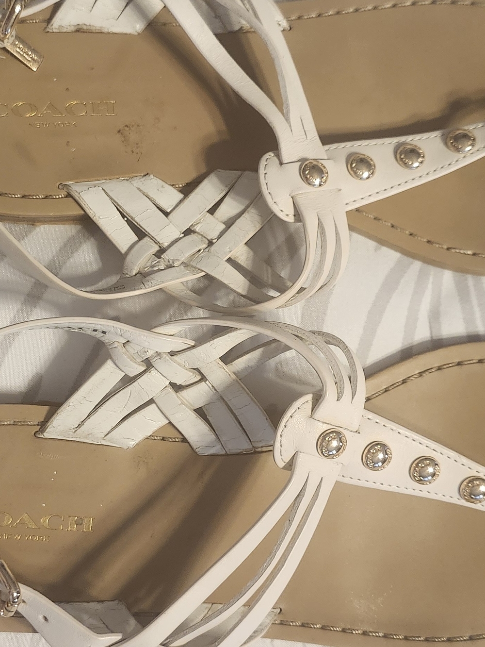 Coach White Braided Leather T-Strap Sandals with Gold Studs